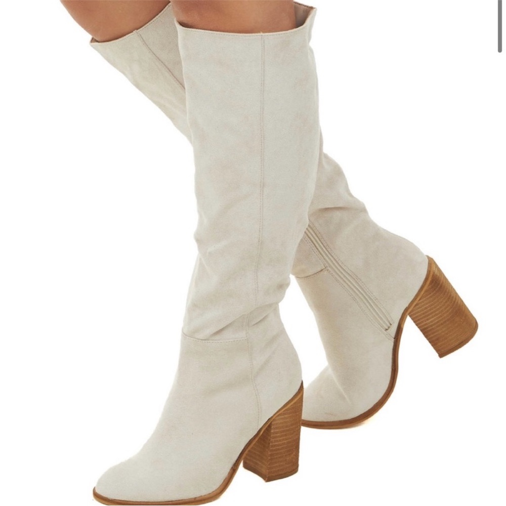 New block heeled Cream Women's knee high boots~